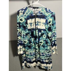 BLEU Women's Large L Tie-Dye Quarter Zip Tunic Top Blouse‎ Blue Teal White
